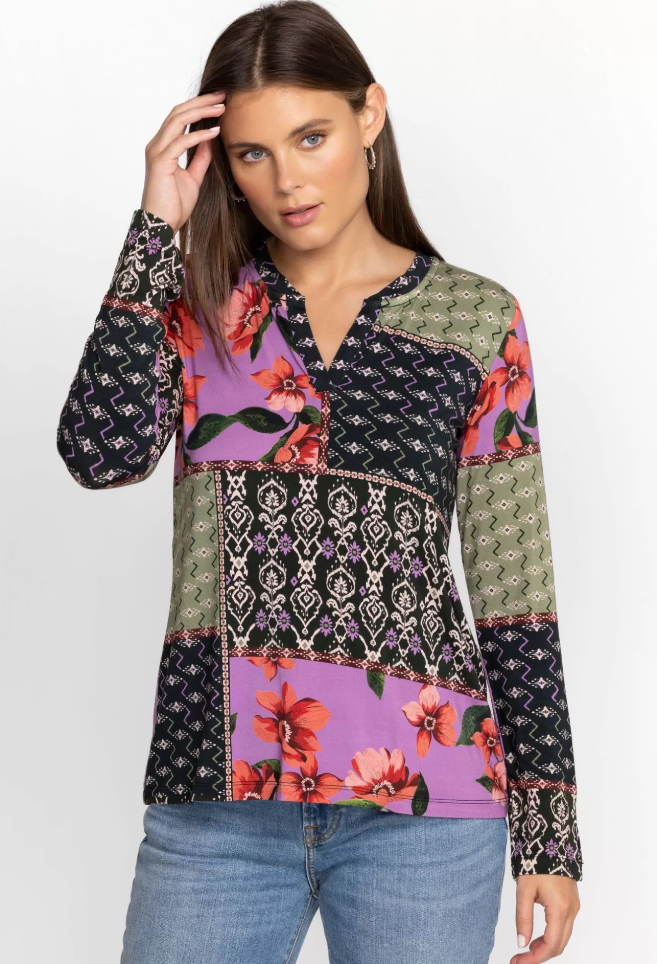 Tops>Johnny Was Zanda Split Neck Top Multi