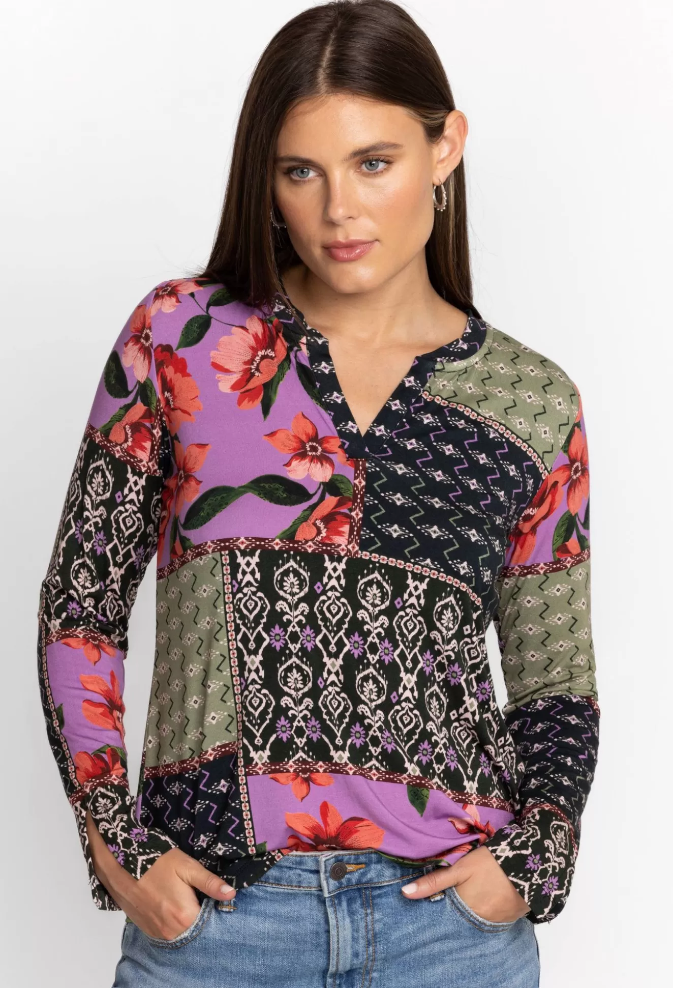 Tops>Johnny Was Zanda Split Neck Top Multi