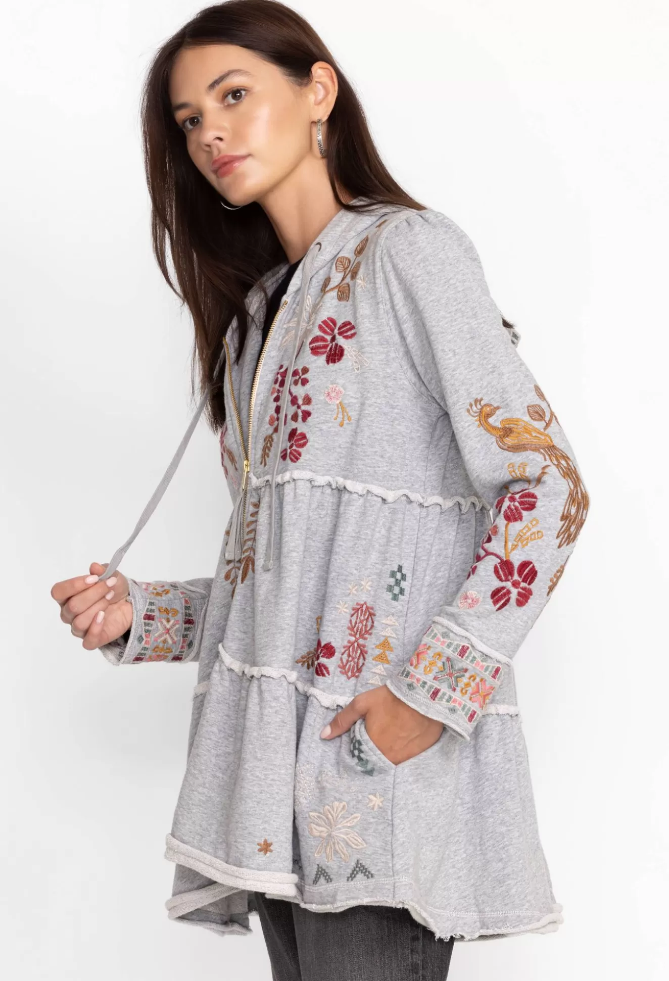 Outerwear>Johnny Was Zuzu Tiered Hoodie Light Heather