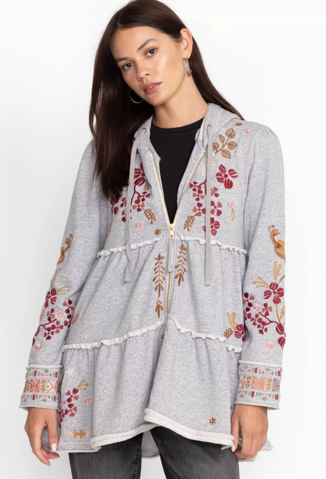 Outerwear>Johnny Was Zuzu Tiered Hoodie Light Heather
